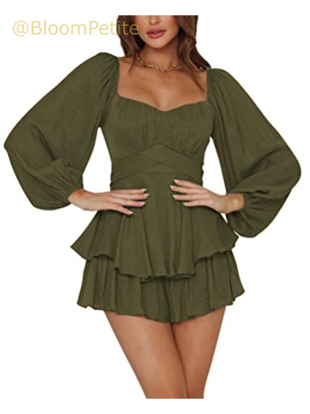 Lantern Sleeve Tie Waist Romper Off Shoulder Ruffle Hem Short Jumpsuit